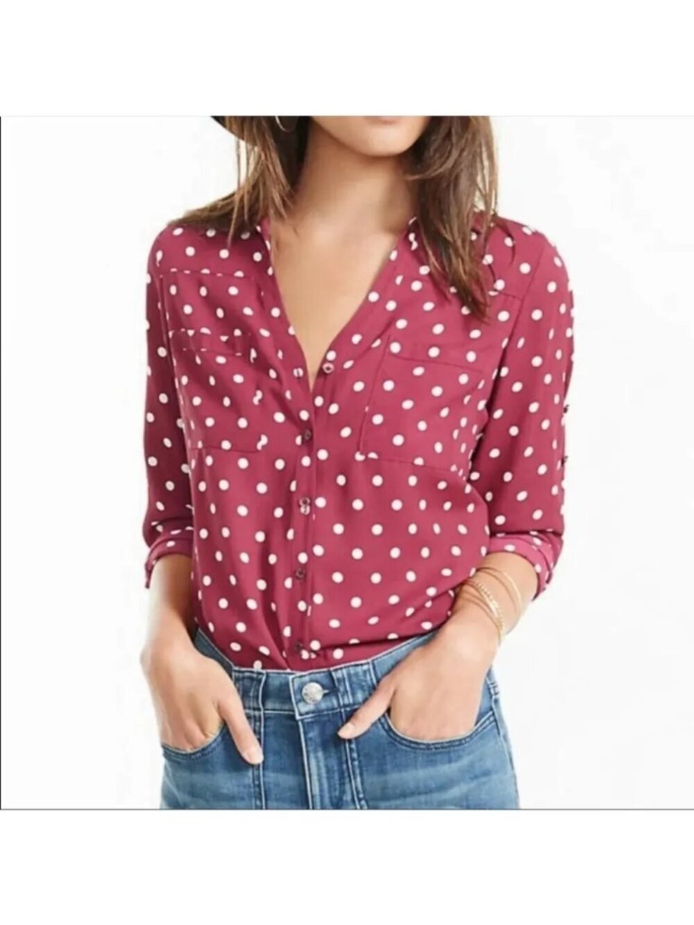 Express The Portofino Burgundy Red White Polka Dot Button Up Shirt Women's S